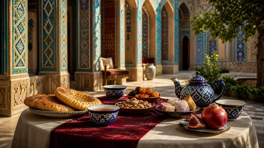 A tea table in a historic tiled courtyard