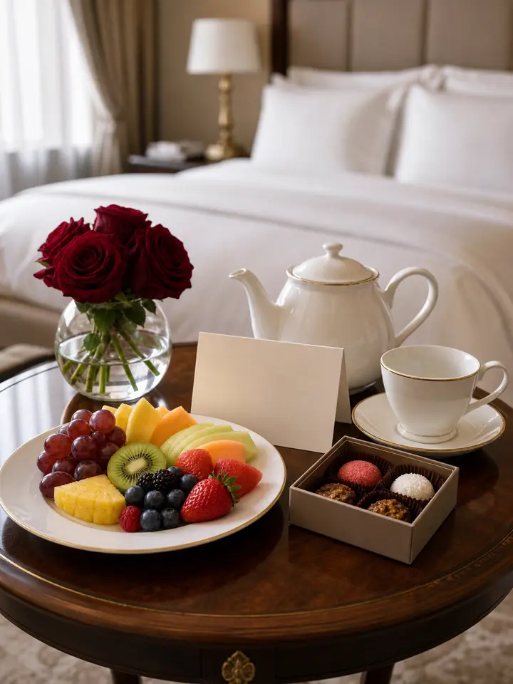 A hotel room prepared with a welcome amenity