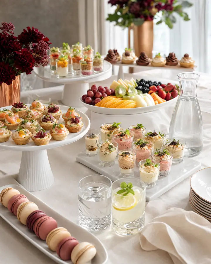 A modern buffet with lemonade and water