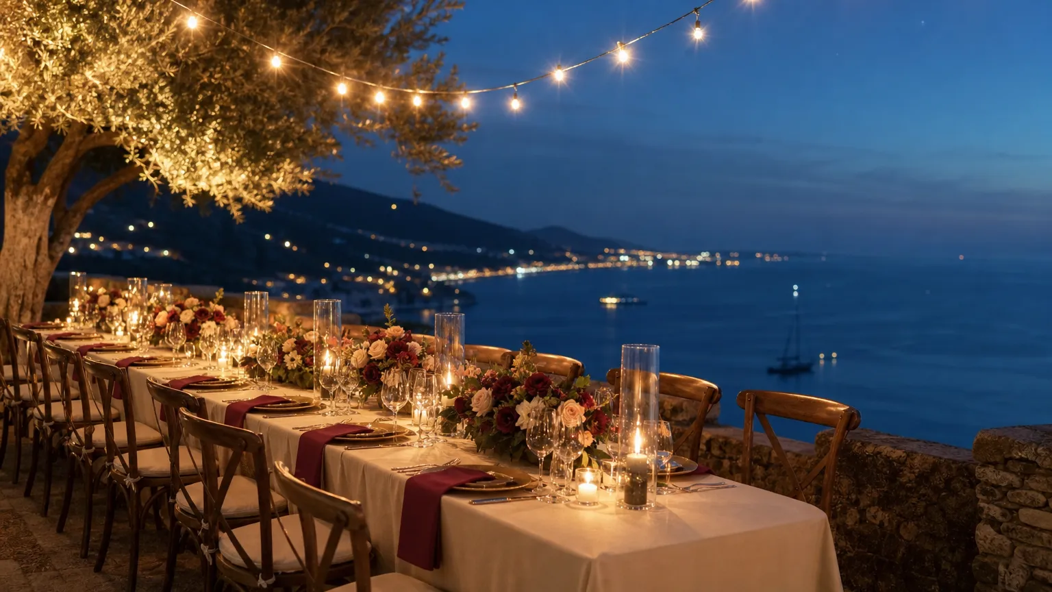 A long dinner table on a terrace at dusk